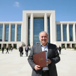 Yargitay veya Bolge Adliye Mahkemesi Binasi Onunde Avukatin Tebessumle Dava Dosyasi Tutmasi